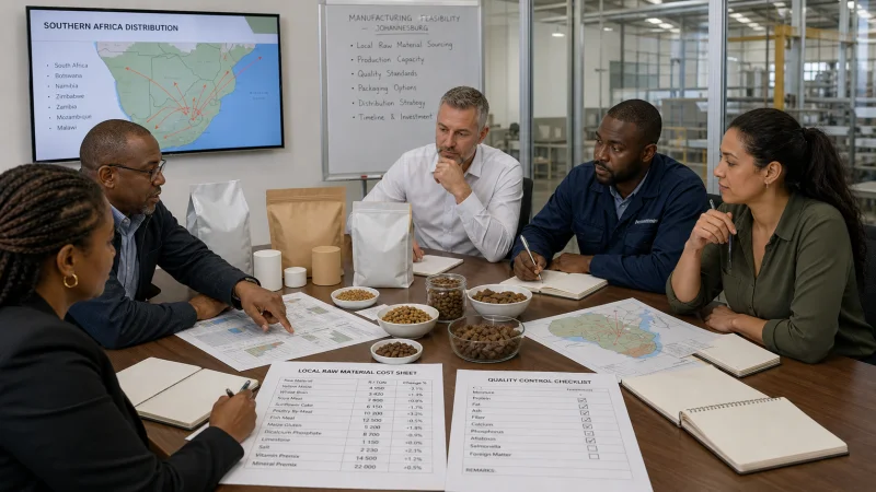 South African business team reviewing local raw materials and regional pet food distribution planning