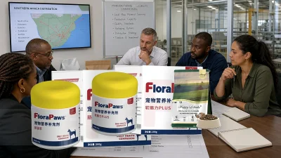 Dog supplement products and pet food arranged for South Africa pet shop and online channel planning