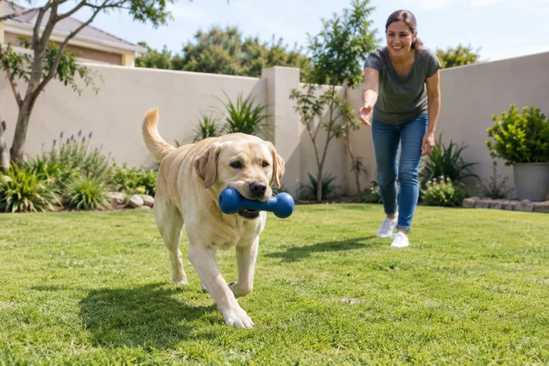 Large dog playing supervised fetch with a suitably sized rubber toy in a South African garden